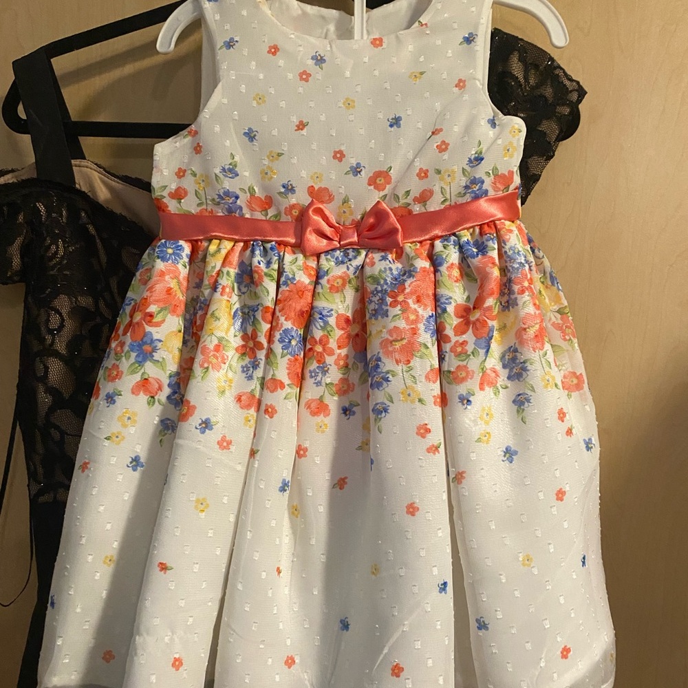 Nannette White Floral Dress with Coral Bow